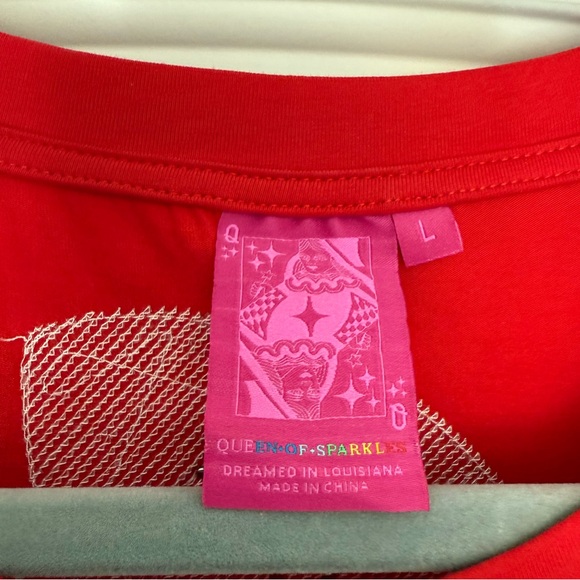 Queen of Sparkles Red & Gold Rhinestone Lace Football Tee, size large - Picture 3 of 4